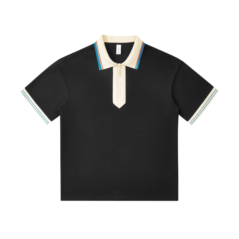 Tricou polo cu mâneci scurte, croială lejeră, stil japonez retro, guler cu fermoar parțial, amestec de bumbac respirabil
