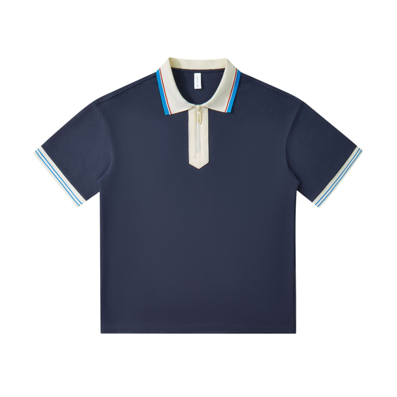 Tricou polo cu mâneci scurte, croială lejeră, stil japonez retro, guler cu fermoar parțial, amestec de bumbac respirabil
