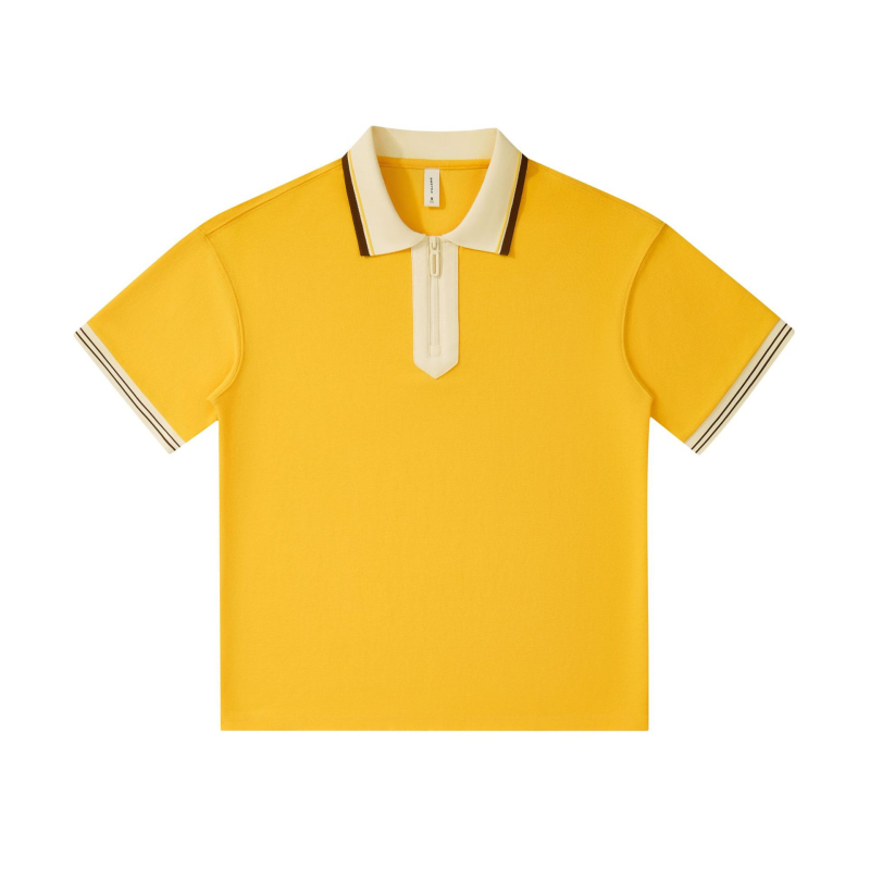 Tricou polo cu mâneci scurte, croială lejeră, stil japonez retro, guler cu fermoar parțial, amestec de bumbac respirabil