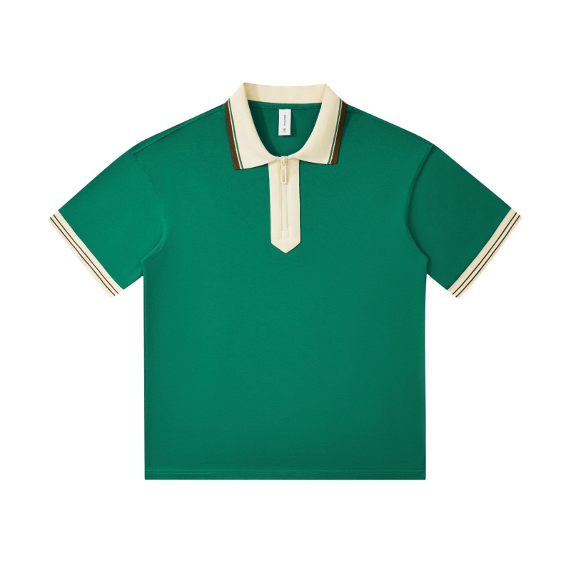 Tricou polo cu mâneci scurte, croială lejeră, stil japonez retro, guler cu fermoar parțial, amestec de bumbac respirabil