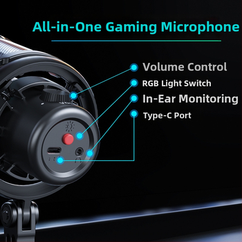 V1Pro kondensaatormikrofon otseülekandeks ja arvutiga salvestamiseks, traadita, RGB valgustus, sagedusriba 60 Hz–15 kHz, SNR ≥60 dB, omnidirektsionaalne