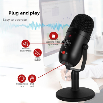 USB кондензаторен микрофон с кардиоиден полярен модел, USB-C интерфейс, честотен диапазон 20 Hz–20 kHz, SNR ≥60 dB