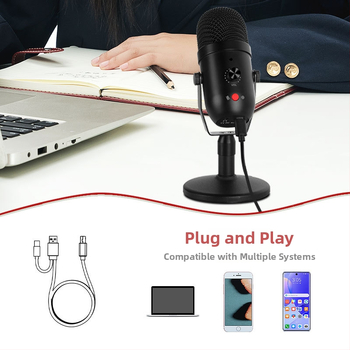USB кондензаторен микрофон с кардиоиден полярен модел, USB-C интерфейс, честотен диапазон 20 Hz–20 kHz, SNR ≥60 dB