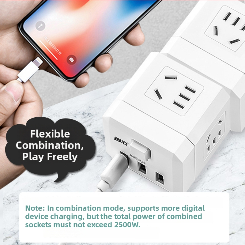 USB uzlādes kubveida barošanas bloks ar vairākām kontaktligzdām, 220V, 2500W, CCC sertifikāts