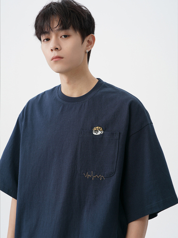 Японски стил ретро бродирана памучна тениска с къс ръкав за мъже, свободна кройка, кръгло деколте, лято