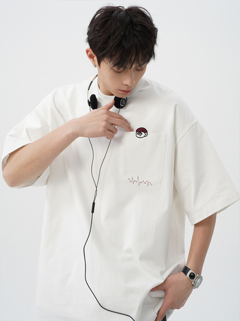 Японски стил ретро бродирана памучна тениска с къс ръкав за мъже, свободна кройка, кръгло деколте, лято