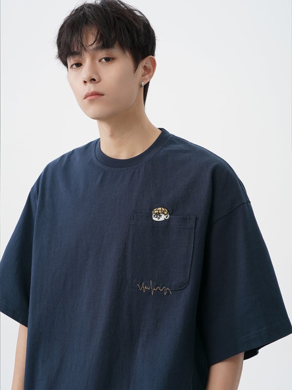 Японски стил ретро бродирана памучна тениска с къс ръкав за мъже, свободна кройка, кръгло деколте, лято