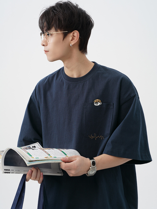 Японски стил ретро бродирана памучна тениска с къс ръкав за мъже, свободна кройка, кръгло деколте, лято