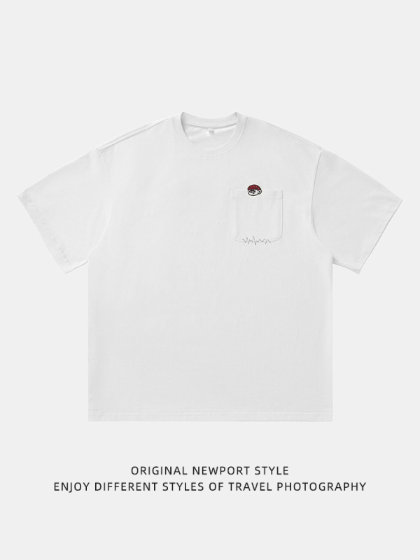 Японски стил ретро бродирана памучна тениска с къс ръкав за мъже, свободна кройка, кръгло деколте, лято