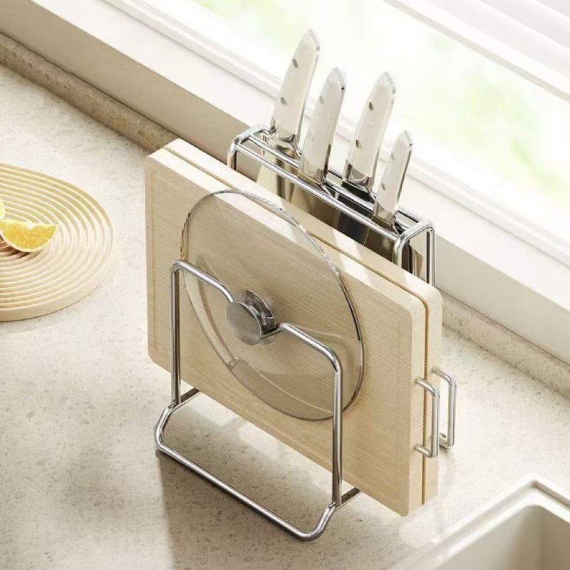 Nerūdijančio plieno peilių laikiklis ir pjaustymo lentos laikiklis, sieninis, su nubėgimo indeliu