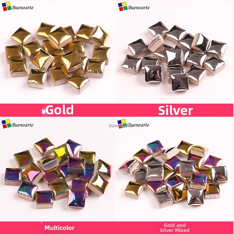 Rokām darināti keramikas mozaikas fragmenti, neregulāras formas, glazēta virsma