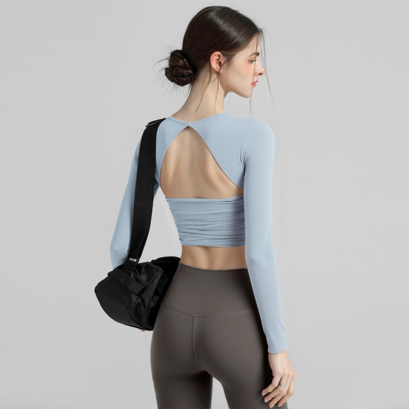 Ilgos rankovės jogos viršūnė moterims, su greitu džiūvimu, nailono-spandekso audinys, 81% nailonas 19% spandeksas, liemens ilgis