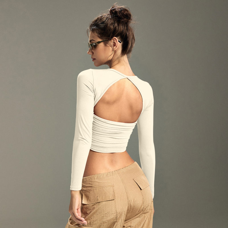 Ilgos rankovės jogos viršūnė moterims, su greitu džiūvimu, nailono-spandekso audinys, 81% nailonas 19% spandeksas, liemens ilgis