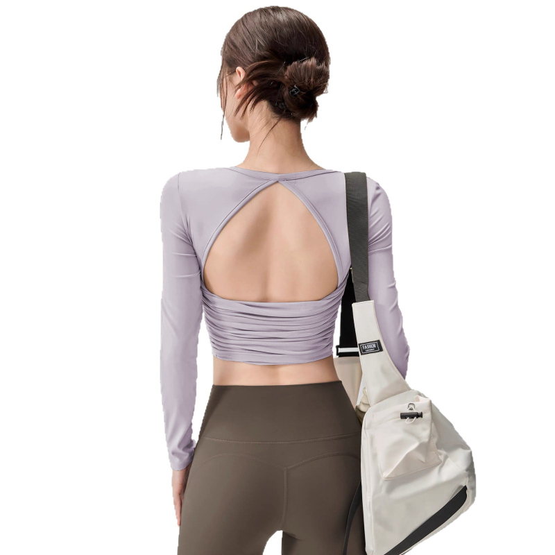 Ilgos rankovės jogos viršūnė moterims, su greitu džiūvimu, nailono-spandekso audinys, 81% nailonas 19% spandeksas, liemens ilgis