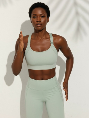 Moteriškas Lycra sportinis liemenėlis, formuotos 3/4 taurės, fiksuotos dvigubos petnešos, užpakalinė trijų eilių sagtis, kvėpuojantis audinys