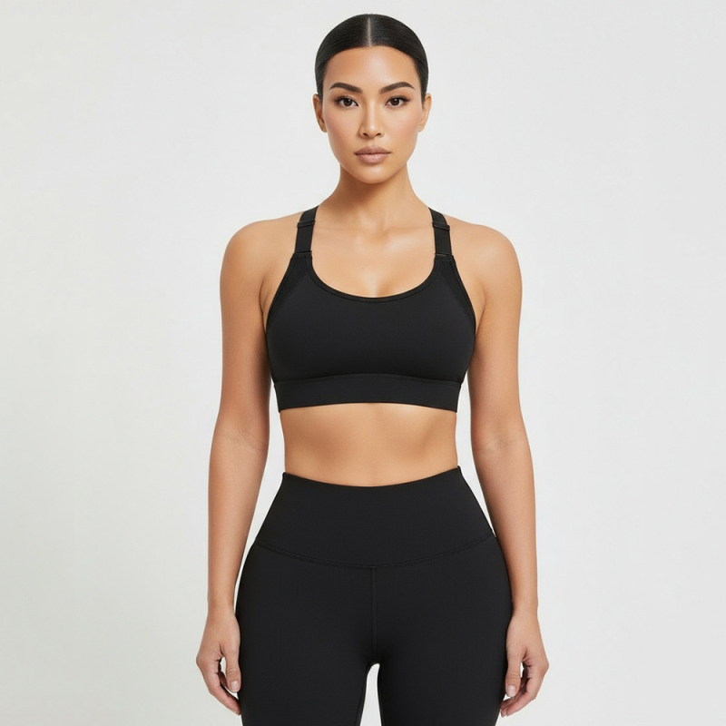 Moteriškas Lycra sportinis liemenėlis, formuotos 3/4 taurės, fiksuotos dvigubos petnešos, užpakalinė trijų eilių sagtis, kvėpuojantis audinys