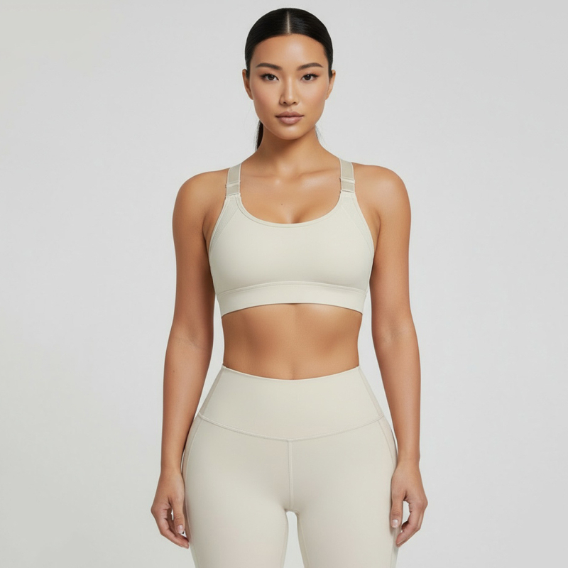 Moteriškas Lycra sportinis liemenėlis, formuotos 3/4 taurės, fiksuotos dvigubos petnešos, užpakalinė trijų eilių sagtis, kvėpuojantis audinys