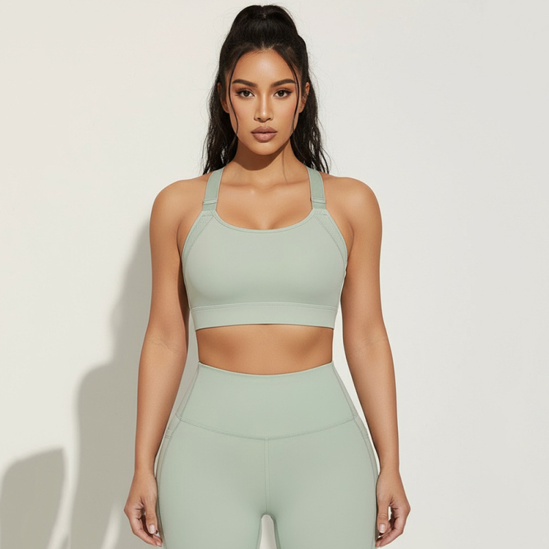 Moteriškas Lycra sportinis liemenėlis, formuotos 3/4 taurės, fiksuotos dvigubos petnešos, užpakalinė trijų eilių sagtis, kvėpuojantis audinys