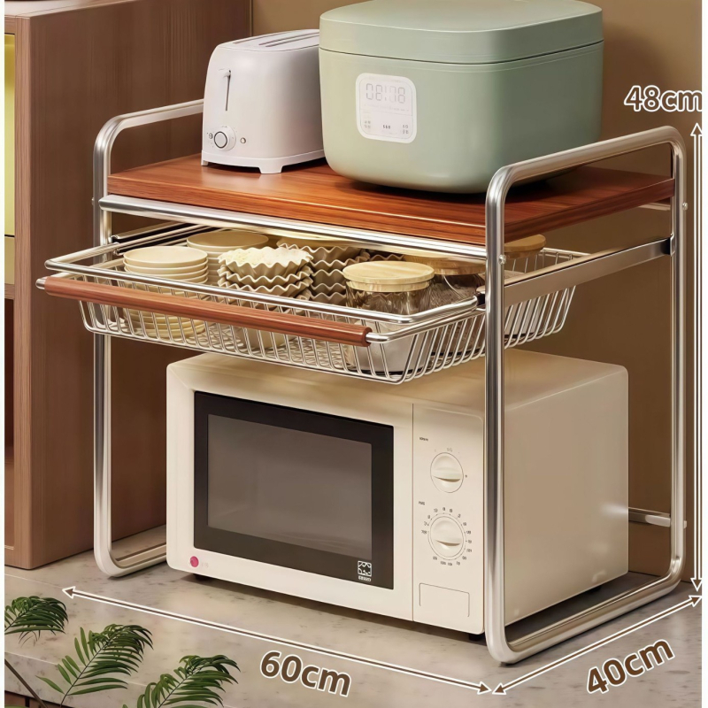 Stalak za mikrovalnu pećnicu s višeslojnom košarom, metalni, Meaningful home, stil Light Luxury, kuhinjski stolni organizator