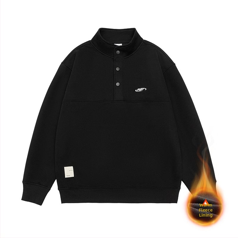 Meleg fleece pulóver felső álló gallérral, előröl gombos záródás, laza szabás, hímzett applikációkkal