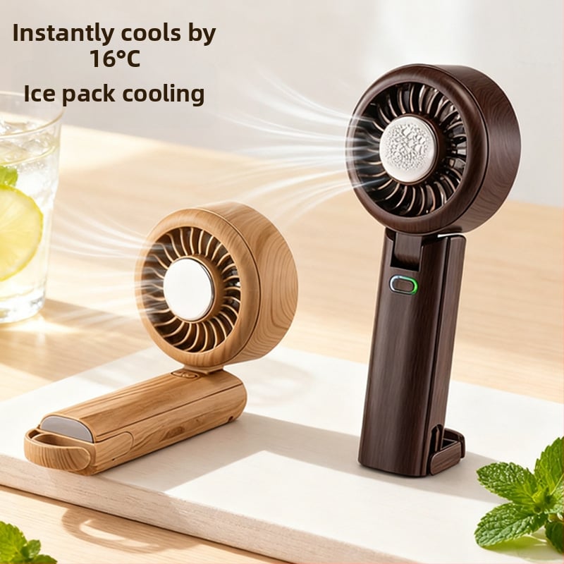 Ručni ventilator s hlađenjem ledom, retro drveni uzorak, sklopiv, USB punjenje, za vanjsku upotrebu (Bezčetkasti motor; 5 lopatica; Baterija 2000-4000 mAh; 5 brzina; buka < 36 dB)