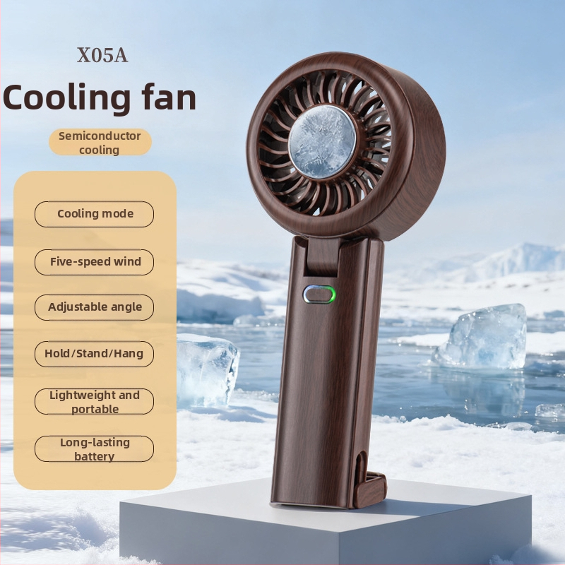 Ručni ventilator s hlađenjem ledom, retro drveni uzorak, sklopiv, USB punjenje, za vanjsku upotrebu (Bezčetkasti motor; 5 lopatica; Baterija 2000-4000 mAh; 5 brzina; buka < 36 dB)