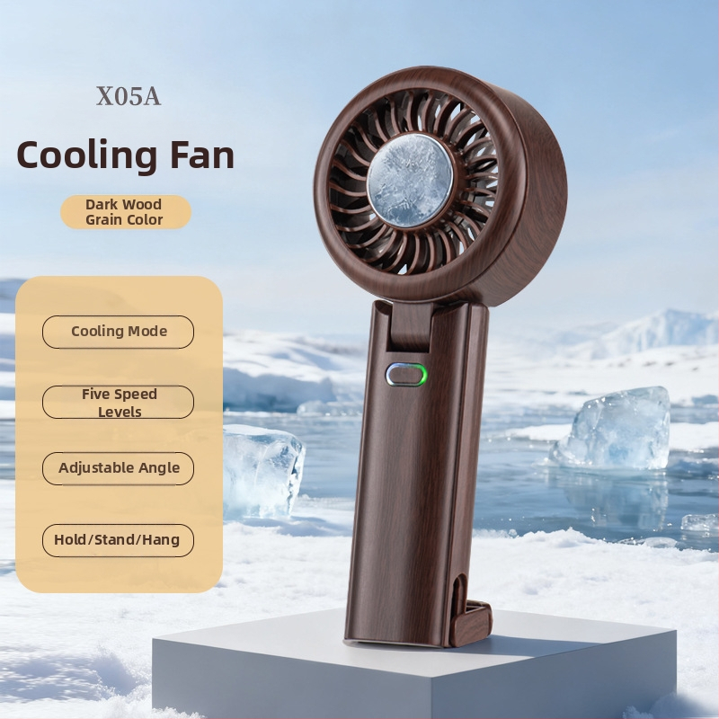 Ručni ventilator s hlađenjem ledom, retro drveni uzorak, sklopiv, USB punjenje, za vanjsku upotrebu (Bezčetkasti motor; 5 lopatica; Baterija 2000-4000 mAh; 5 brzina; buka < 36 dB)