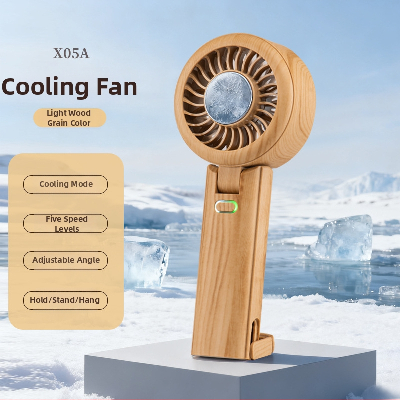 Ručni ventilator s hlađenjem ledom, retro drveni uzorak, sklopiv, USB punjenje, za vanjsku upotrebu (Bezčetkasti motor; 5 lopatica; Baterija 2000-4000 mAh; 5 brzina; buka < 36 dB)