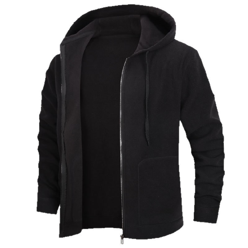 Férfi kapucnis, cipzáros polár pulóver, 96% poliészter, fleece belső réteg, laza szabás, oldalsó zsebek