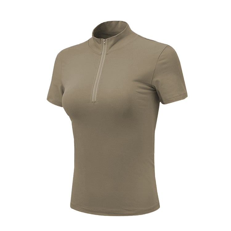 Tricou din nylon, cu mâneci scurte și guler înalt, potrivit pentru alergare, drumeții și ciclism.