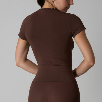 Moteriški be siūlių sportiniai marškinėliai su apvaliu kaklu, kvėpuojantis nailono mezginys, trumpomis rankovėmis, 82% nailonas, visiems sezonams