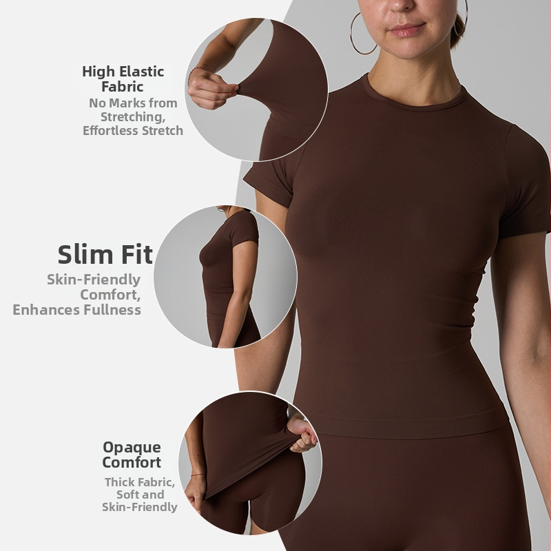 Bezšuvju sieviešu sporta T-krekls ar apaļu kaklu, elpojošs neilona adītaj audums, īsām piedurknēm, 82% neilons, visu sezonu