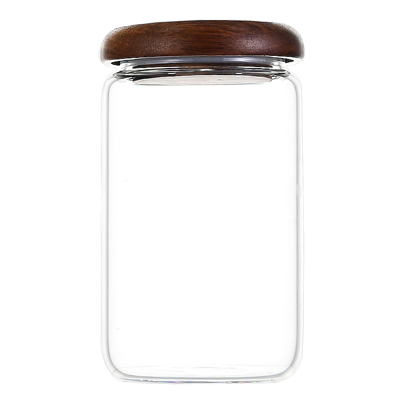 Borosilikatinio stiklo cukraus indas su mediniu dangteliu, cilindrinė forma, talpa 301–500 ml, mikrobangoms tinkama