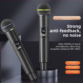 UHF-kahekanaliline juhtmevaba mikrofonisüsteem vastuvõtjaga, mudel tv1500, sisseehitatud aku 500–800 mAh, sagedusvahemik 100 Hz–20 kHz, SNR ≥75 dB