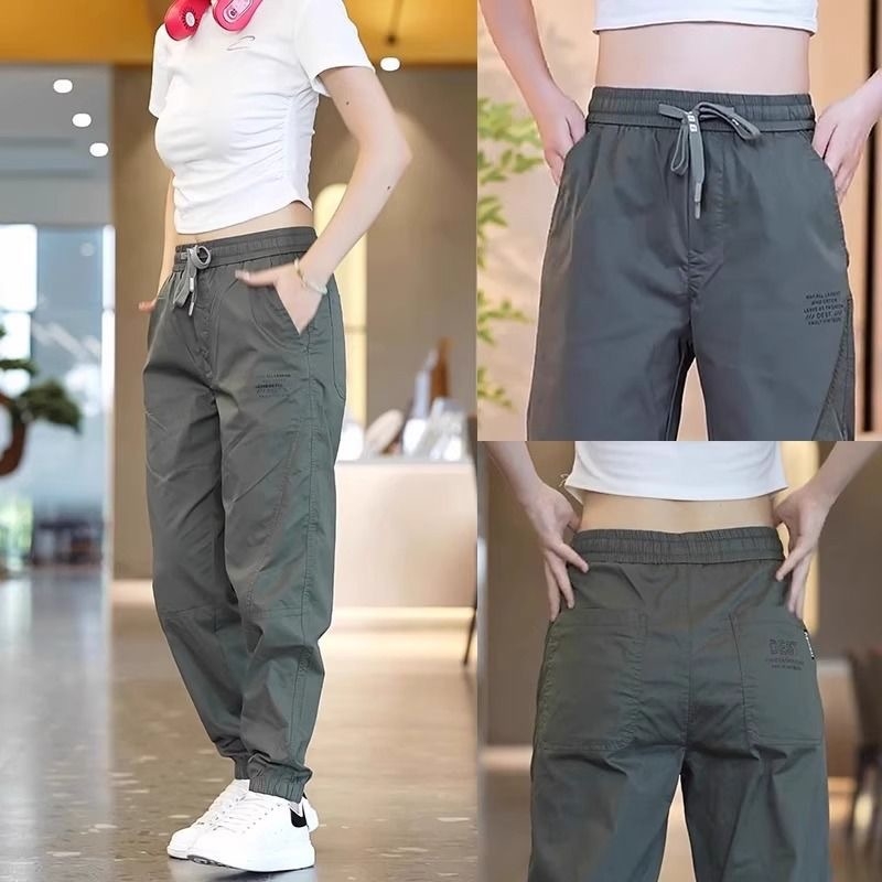 Ženske lagane jogger hlače od poliestera, visokim strukom, tanak materijal, otisak, japansko-korejski ležerni stil