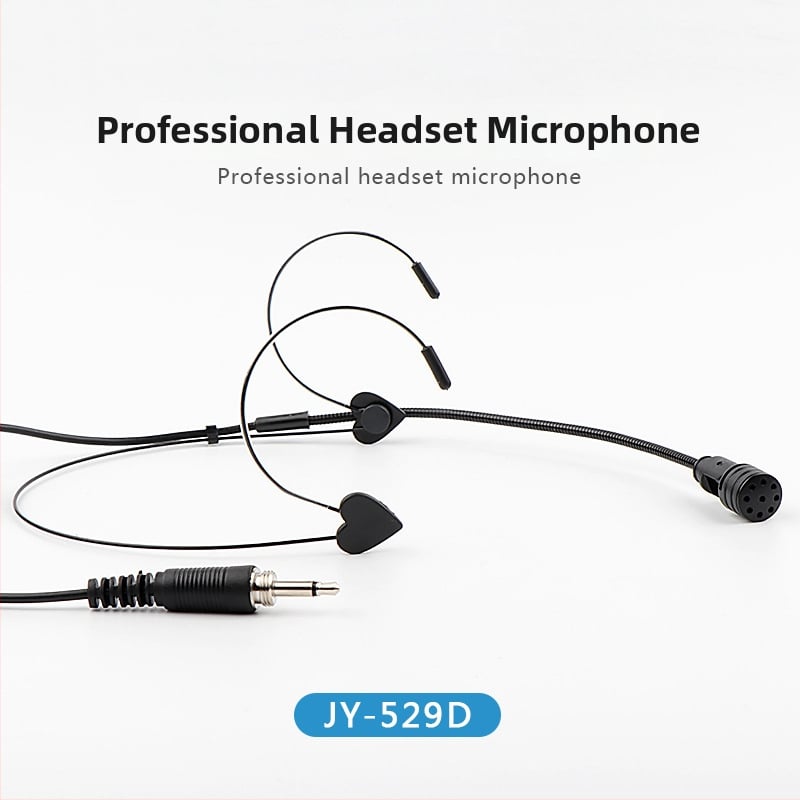 Pea peal asuv juhtmega mikrofon koos kuuldega, Junyin JY-529D; taktsageduste vahemik 20 Hz–20 kHz; SNR ≥75 dB; kaabli pikkus 1 m; nimetatud võimsus 5 W