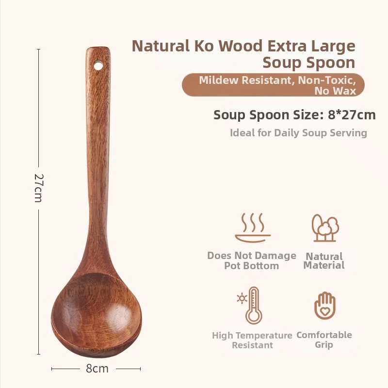 GIANXI medinis sriubos šaukštas – ilga rankenėlė, medinė konstrukcija, atsparus karščiui ir įkaitinimui, šiuolaikiško minimalistinio dizaino