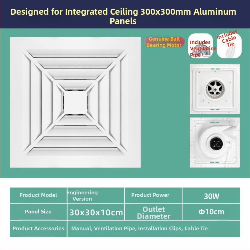 Ventilator de baie, puternic și silențios, tip plafon încorporat, montaj suspendat; 220V, 30W, 50Hz