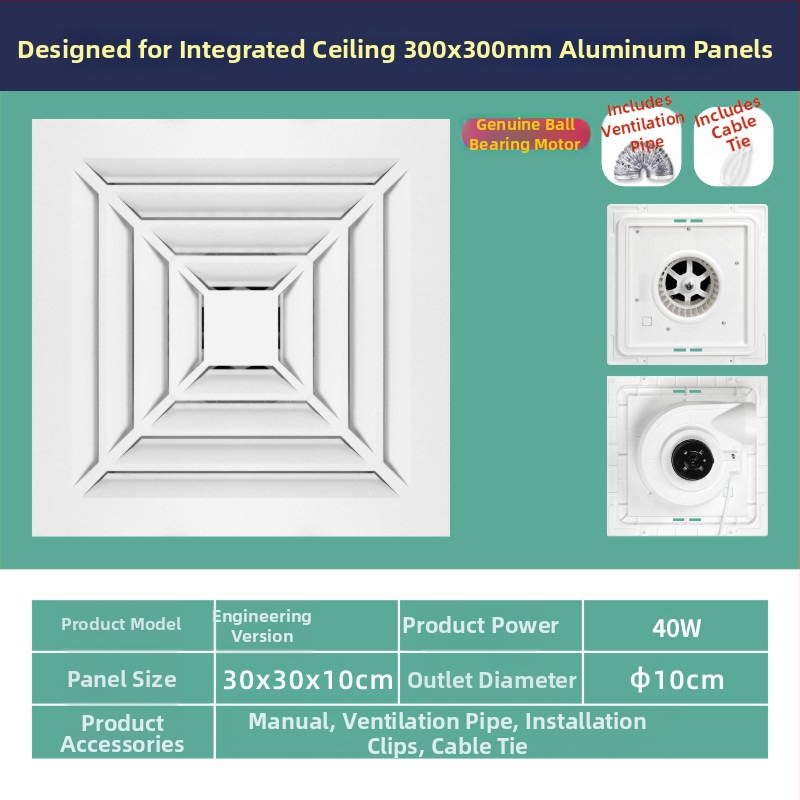 Ventilator de baie, puternic și silențios, tip plafon încorporat, montaj suspendat; 220V, 30W, 50Hz