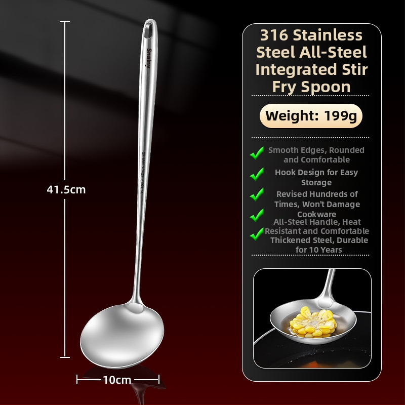 Hiaini virtuvės šaukštas iš 316 nerūdijančio plieno su ilga rankena ir dideliu sriubos šaukštu – aukštos temperatūros atsparumas, logotipo spausdinimas prieinamas