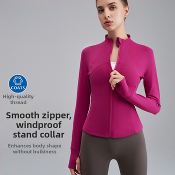 Ženska joga jakna s stojećim ovratnikom, uski kroj, materijal Nylon 80% + Spandex 20% (smjesa kemijskih vlakana), podstava 20% Spandex, dugi rukavi, fitness odjeća
