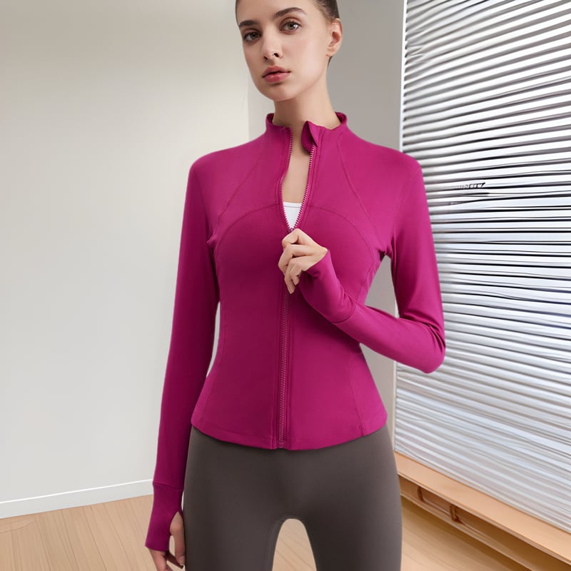 Ženska joga jakna s stojećim ovratnikom, uski kroj, materijal Nylon 80% + Spandex 20% (smjesa kemijskih vlakana), podstava 20% Spandex, dugi rukavi, fitness odjeća