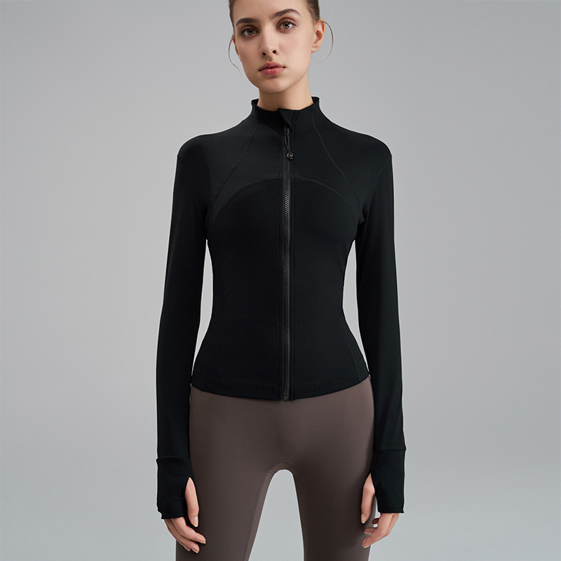 Ženska joga jakna s stojećim ovratnikom, uski kroj, materijal Nylon 80% + Spandex 20% (smjesa kemijskih vlakana), podstava 20% Spandex, dugi rukavi, fitness odjeća