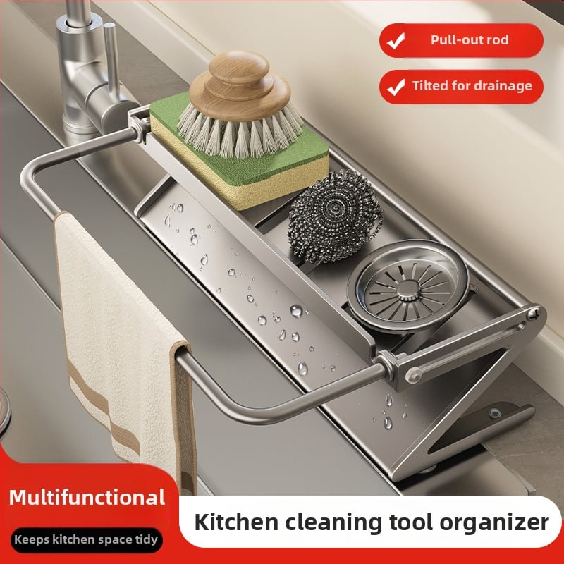 Sieninis virtuvės plovimo kriauklės laikiklis su nutekėjimu ir kempinės laikikliu, Dimo prekės ženklas, modelis GJQ939, medžiaga anglies plienas + ABS, daugiafunkcinis, be įrengimo