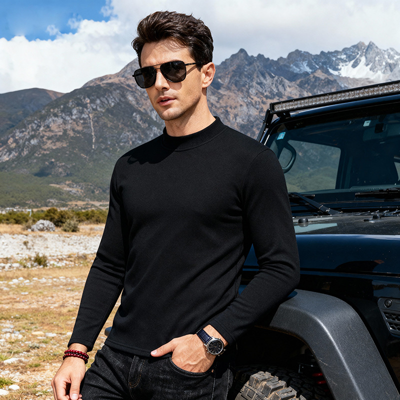 Мъжка тениска с дълъг ръкав, кръгло деколте, подплатена с флис, слим фит