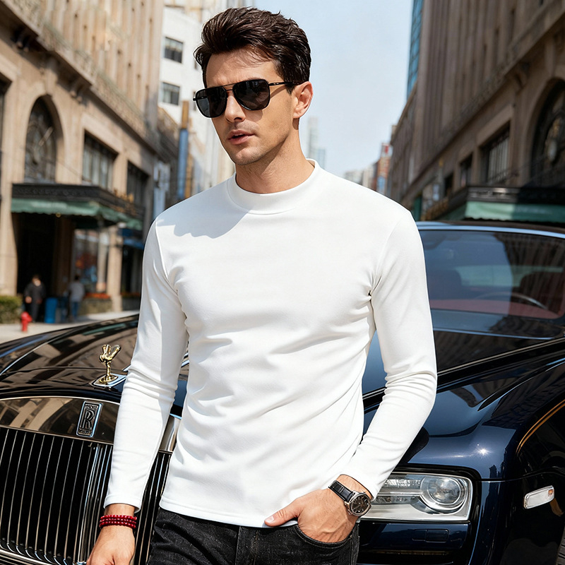 Мъжка тениска с дълъг ръкав, кръгло деколте, подплатена с флис, слим фит