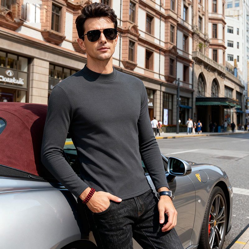 Мъжка тениска с дълъг ръкав, кръгло деколте, подплатена с флис, слим фит