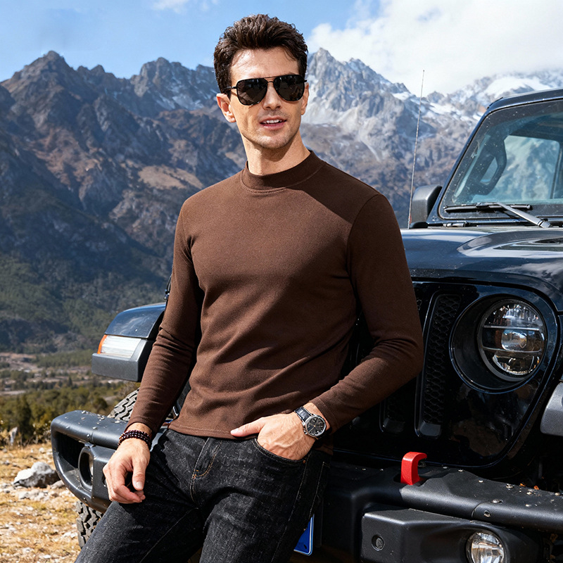 Мъжка тениска с дълъг ръкав, кръгло деколте, подплатена с флис, слим фит