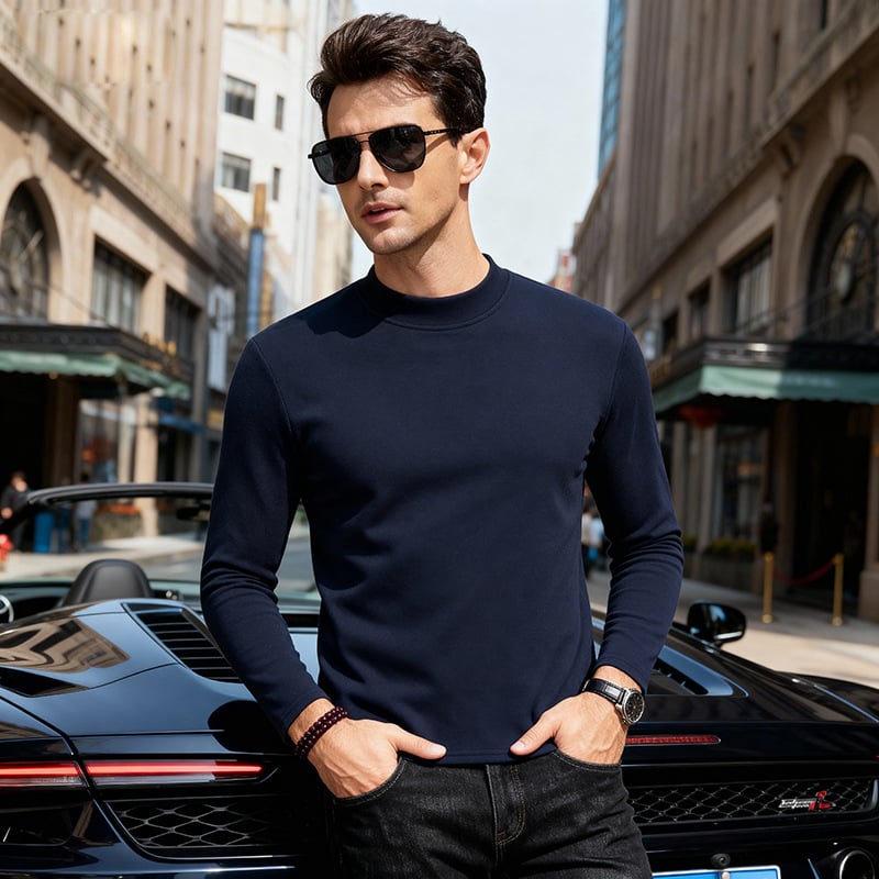 Мъжка тениска с дълъг ръкав, кръгло деколте, подплатена с флис, слим фит