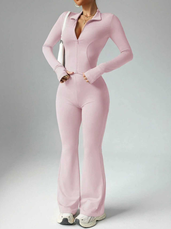 Pinyi дамски йога комплект — плътно прилепнал, безшевен, дълги ръкави; пуловерен дизайн; 80% найлон, 20% спандекс; долнище: широки крачоли; Пролет 2025.